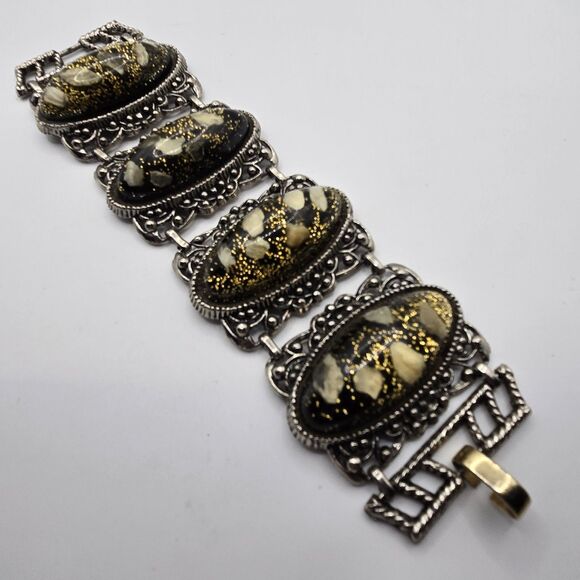 Selro Selini Style Lucite Bracelet Gold Fleck Shell Huge Statement MCM 7.25"READ - Picture 1 of 11